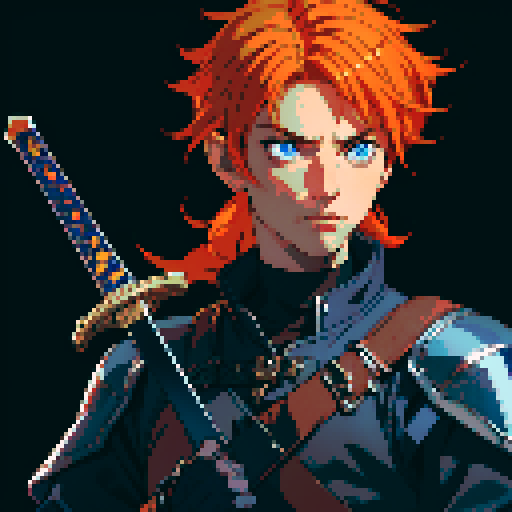 a male character with orange hair, blue eyes , job class warrior, wearing leather armer and holding sword , idlestate, facing front