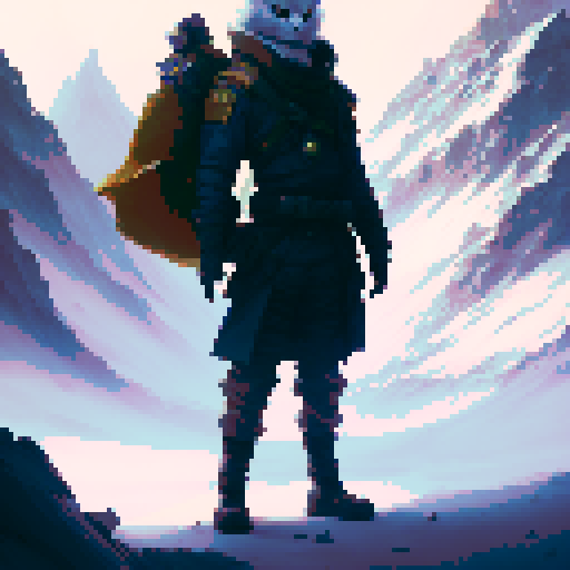 Hatake Kakashi with a black cat with yellow eyes on his shoulders in between towering, snowy mountains