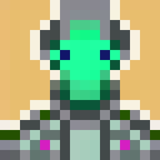 Cyber-knight scans verdant world with towering flora, glowing bioluminescence, & floating drones in a sleek, futuristic game icon art style; close-up, pixel art portrait.