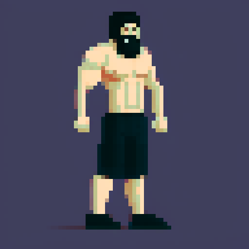 Buff white man, arms crossed, long black hair, purple eyes, shirtless, black baggy pants, fantasy, pixel art
