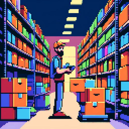 young, bearded male warehouse worker, Amazon Germany, pixel art, sRGB, busy picking and organizing packages, vibrant colors, retro aesthetic, stacks of boxes, conveyor belts, barcode scanners, robotic arms, high-tech machinery, bustling atmosphere, pixelated Amazon logo, fluorescent lighting, dynamic movement, pixelated barcode labels