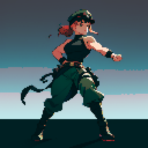 full-body image, muscle girl, female, thick biceps, big shoulders, big fists, muscular physique, thick waist, facing left, ready to fight, exaggerated proportions, black military uniform, black hat, military backdrop, sRGB, pixel art, no background, no backdrop, facing left, fists raised, ready to fight