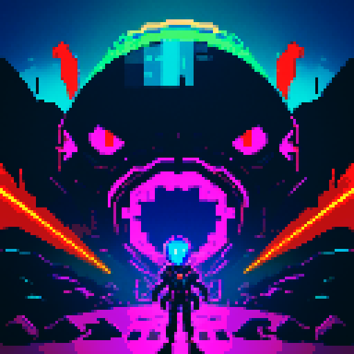 Monster, Alien, vibrant colors, retro video game, pixelated, futuristic technology, glowing eyes, sharp claws, otherworldly landscape, neon lights, 8-bit aesthetic, menacing presence, distorted shapes, explosive energy, dramatic shadows, immersive environment