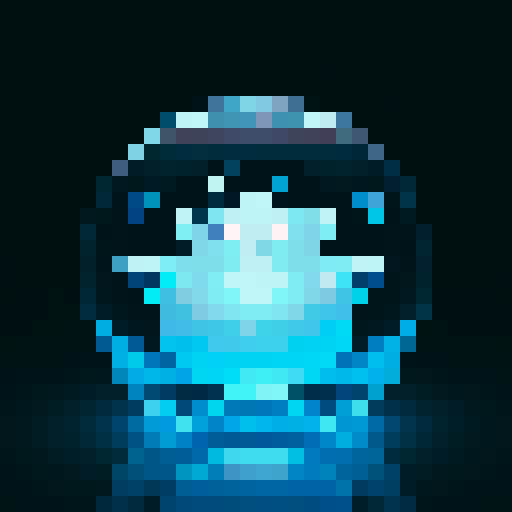 A mystical, semi-transparent blob with a glossy surface and a soft, ethereal glow. The body is a deep blue color with swirling, shimmering patterns inside. It has large, expressive eyes with star-like pupils and a serene smile. Small bubbles of various sizes float within its gelatinous form. No background.
