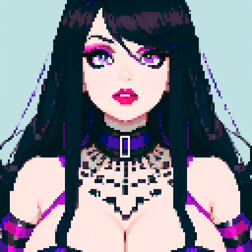 curvy, cute goth girl face, black hair, purple eyeshadow, red lipstick, face portrait, glamour shot, vibrant sRGB colors, pixel art