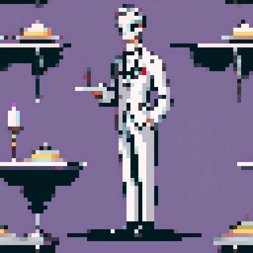 butler, formal attire, monocle, polished shoes, silver tray, vintage wallpaper, chandelier, refined posture, simple pixel art, vibrant sRGB colors, pixel art, sRGB