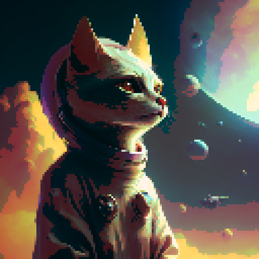 "Extraterrestrial feline with six spindly legs, rendered in a retro-futuristic style, lounging atop a floating metallic orb amidst a starry void."