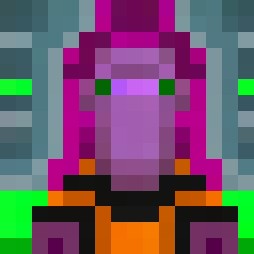 Purple-skinned warlock with fiery red eyes, reminiscent of a Dreadlord's pact, rendered in a 16x16 pixel portrait style.