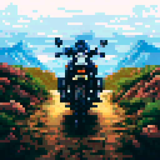 Royal Enfield Himalayan bike parked on rocky terrain, surrounded by towering mountains, with a vibrant sunset sky in the background, all depicted in a pixel art style and in center having Name SPROOKE