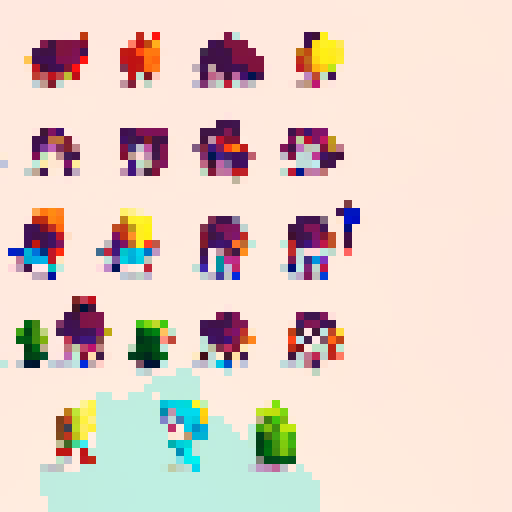 Animation character sheet, cute and vibrant protagonist, with big expressive eyes, flowing and bouncy pixel art hair, wearing a colorful and dynamic pixel art outfit, in a lively and energetic pixel art environment, surrounded by whimsical creatures and challenging platforming obstacles