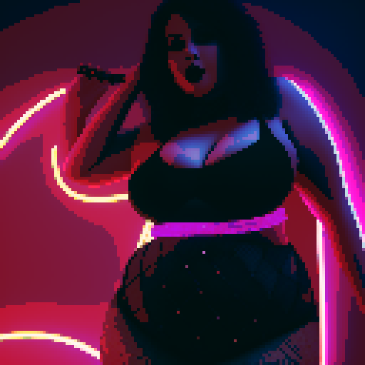 Thicc, curvy, busty goth babe with studded collar, long purple hair in buns, fishnet stockings, studded halter top, posing in neon bar for photo. neon signage, sRGB