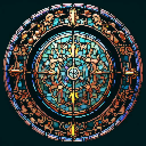 I want a beautiful circular stained glass window framed in copper with rivets around the edge. I want this object usable an asset in a videogame, meaning only one object per image, outlined with a strong black stroke, on a solid-color background.