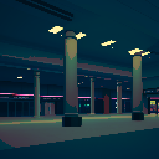 empty mall viewed from the inside, wide dark corridors, large pillars, somber mood, nostalgic feel, retro