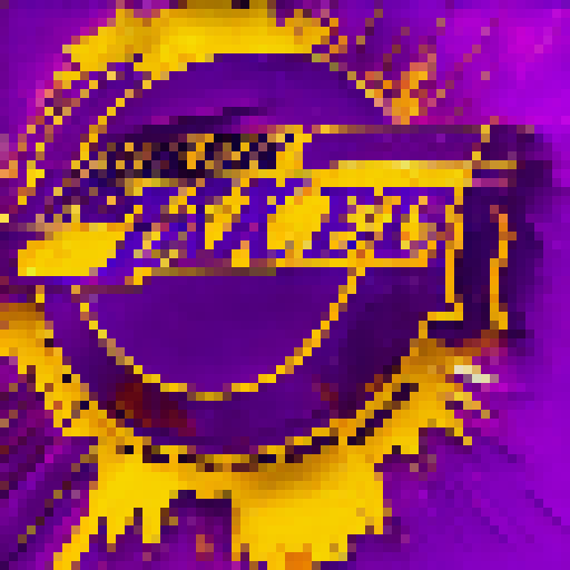 Vibrant purple and gold swirl amidst a sea of cheering fans, as the iconic Lakers logo glows in neon against a backdrop of palm trees and a glittering city skyline, all captured in a retro pop art style.