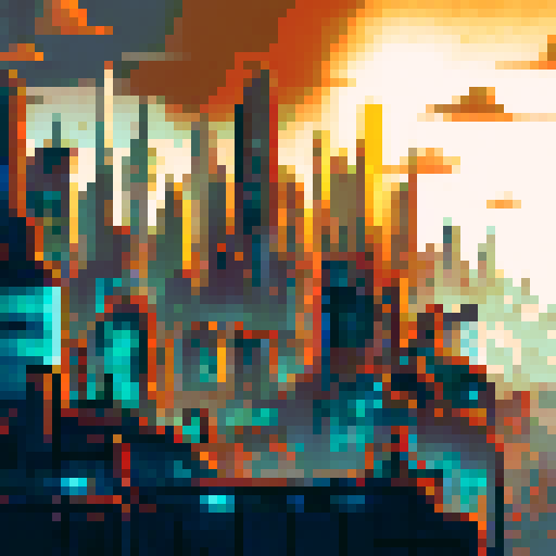 A sprawling, neon-lit cityscape with towering skyscrapers and bustling streets, rendered in vibrant pixel art against a moody sRGB background