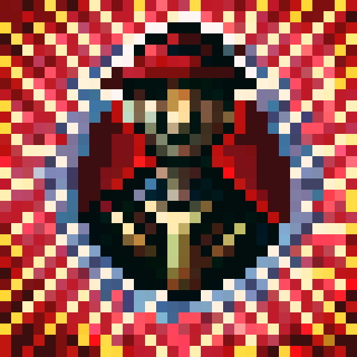 steampunk young man, red coat, red hat, 2D game stance, pixel art, sRGB, red hair
