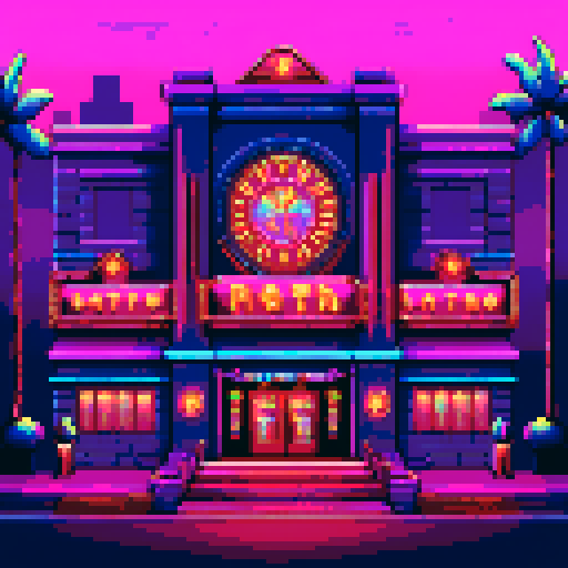 Entrance to a bustling casino, vibrant neon lights flickering, retro-inspired pixel art creating a lively and immersive sRGB experience