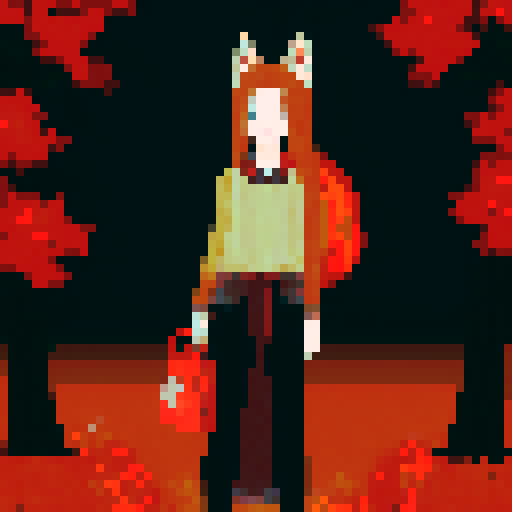 Kitsune girl, bag in hand, surrounded by vibrant autumn leaves, depicted in charming pixel art.