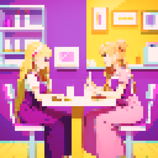 Nail tech with long blonde hair wearing a pink apron and a girl with brown hair wearing a purple dress sitting down facing each other at a table in a nail salon.