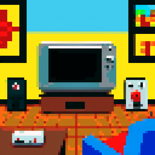 subject is Retro game console, controller plugged into old tv, TV shows image of a cabin on screen, in a cozy room
