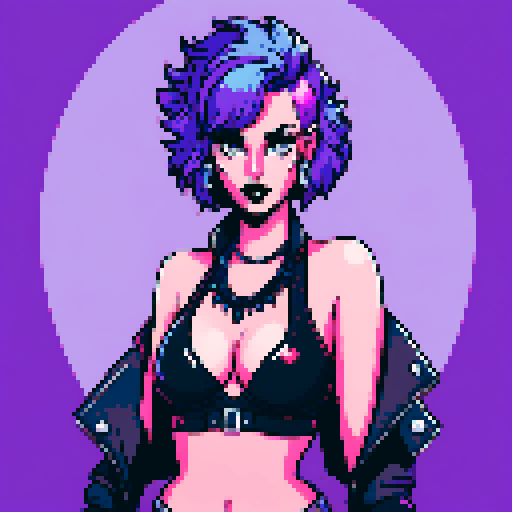 curvy, cute, busty greaser goth girl, with purple hair, blue eyeshadow, red lipstick. wearing bikini, studded collar. Posing in a sexy seductive glamour shot, whole head portrait, avatar photo. vibrant sRGB colors, pixel art, edgy aesthetic