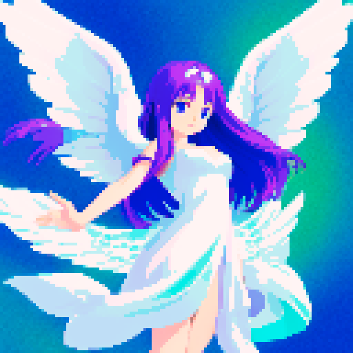 
Beautiful, ethereal angel with shimmering wings and flowing, liquid-like chrome body, rendered in minimalist pixel art with vibrant, dazzling sRGB colors