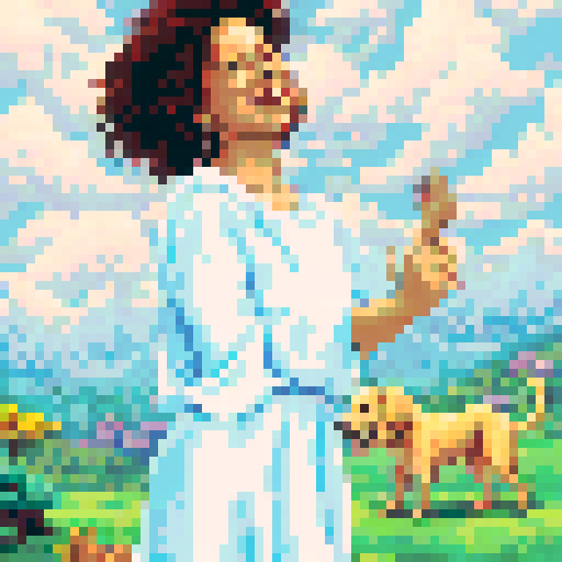 A playful dog frolicking in a vibrant, pixelated meadow with a towering, technicolor mountain range in the distance, all against a sunny, sRGB sky