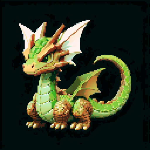 A sturdy, robust dragon with earthy brown and green scales. It has a strong, grounded presence and a protective expression, with rocky protrusions along its back and limbs. Its eyes are calm and steady, reflecting its connection to the earth. No background.
