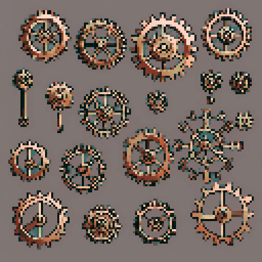 I want a copper gear that looks like it was made by a master clockmaker. It should have strange mechanical details that could interlock with each other. I also want this object usable an asset in a videogame, meaning only one object per image, outlined with a strong black stroke, on a solid-color background.
