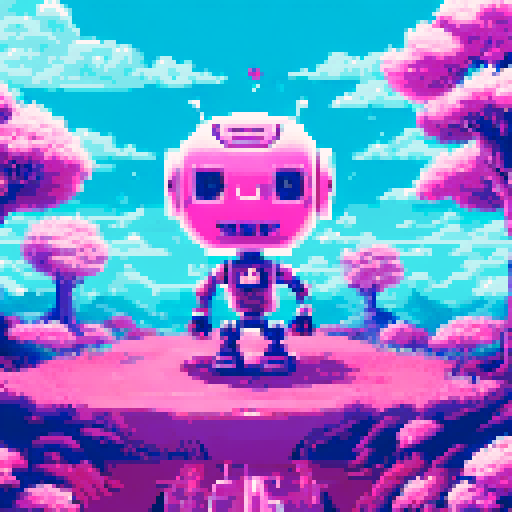 Robot head with heart eyes stands amidst a sea of delicate cherry blossoms in a pixelated landscape, emitting a square wave oscillator that forms a smile on its face