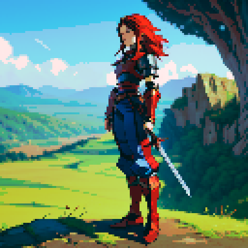 sprite, JRPG character, red hair, silver armor, blue pants, black shoes, sword, sRGB, pixel art