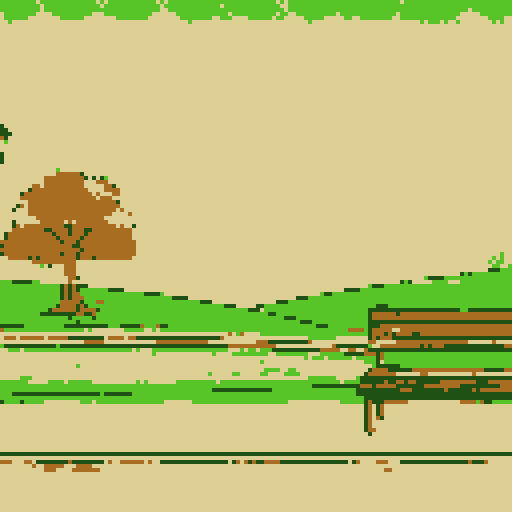 city park,  pathways, benches under tall trees, fences framing buildings in a landscape portrait , for side scroller game