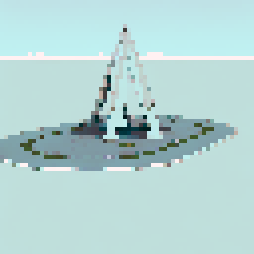 A towering, bronze statue of an oil drill surrounded by palm trees and desert sand, with a backdrop of a vibrant, anime-style sunset sky