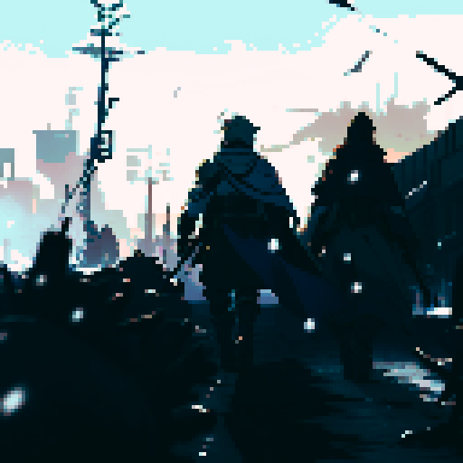Final fantasy tactics detail soldier walking towards war torn city with a panzer faust on his back and a rifle in his hand. A Squad Mate of his is looking towards him in background, he has a cape on and a hood. City has snow on it. Colorful but not to bright of colors. 