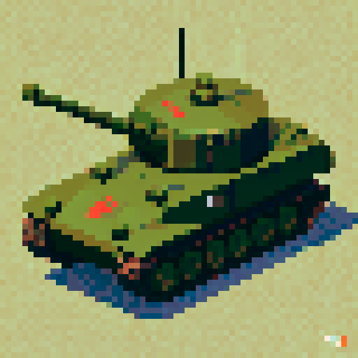 top-down pixel art sprite, World War II army tank, bird's eye view, sleek olive green body, rugged tank treads, rotating turret, menacing barrel, pixel art, sRGB, game asset