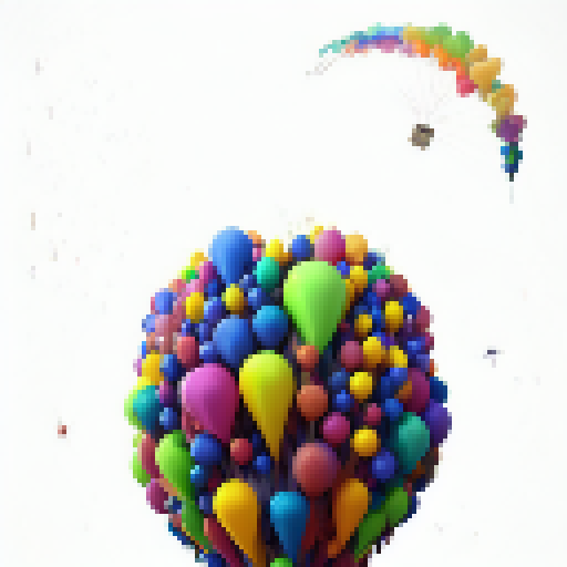 Balloons of vibrant colors burst out from the heads and bodies of mystical creatures, each one adorned with intricate patterns, as if straight out of a fantastical RPG game.