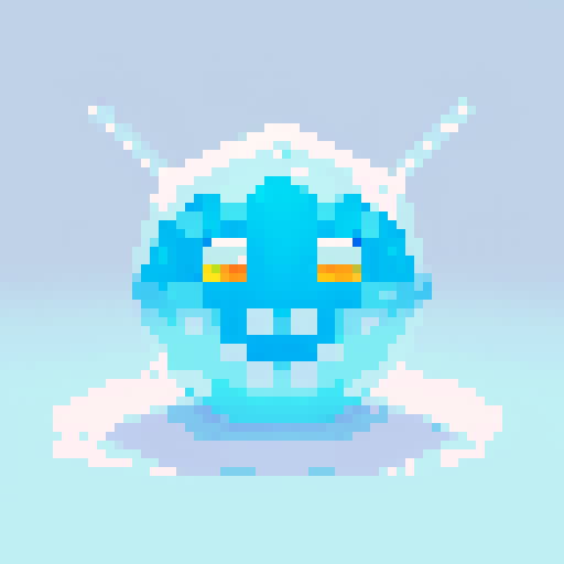 A sparkling, semi-transparent slime with a crystalline structure. It has shimmering facets, bright eyes, and a cheerful smile, with light reflecting inside. No background.
