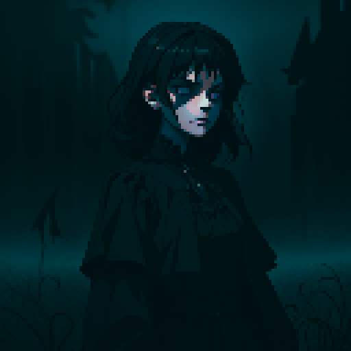 lovecraftian, dark fantasy, gothic, middle-aged woman, lolita dress, ominous fog, haunting atmosphere, sRGB, pixel art, dark colour palette