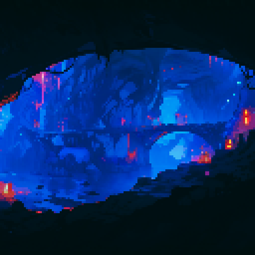 cave entrance, underwater city, vibrant colors, shimmering water, detailed pixel art, sRGB
