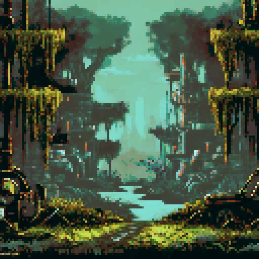 inside of post-apocalyptic factory, hidden in the woods, abandoned machinery, rusted pipes, overgrown vines, decaying buildings, shattered windows, eerie silence, nature reclaiming, vibrant pixelated colors, sRGB palette, atmospheric landscape
