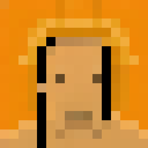 A pixel art portrait of a person with a neutral expression, featuring a minimalist design with light skin tone, brown eyes, and black hair. There are shiny spots on the forehead and cheek to indicate lighting, set against a solid orange background. The style is reminiscent of early video game characters, with a square aspect ratio.