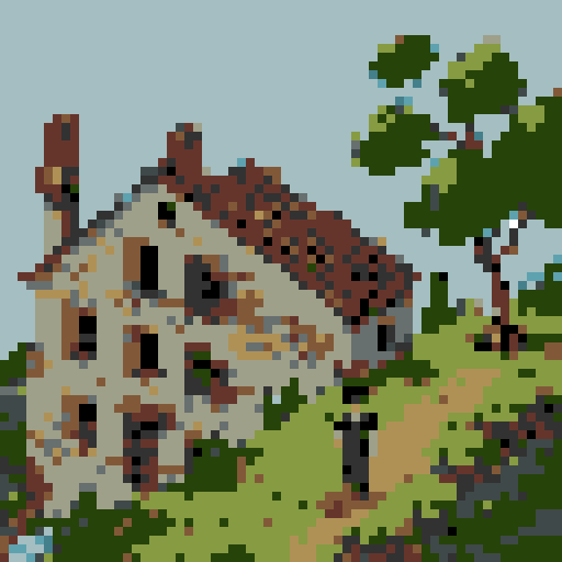 top down view, ancient Roman farmhouse with crumbling stone walls and overgrown vines, rusted armor scattered on the floor, decaying wooden doors barely hanging on their hinges, broken pottery and moss-covered statues lining the walkway, collapsed roof tiles revealing glimpses of the sky, dilapidated furniture covered in dust, flickering torches casting eerie shadows, all captured in a landscape portrait