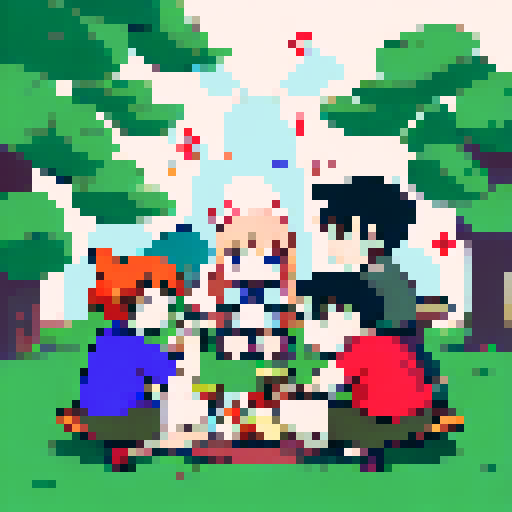 A group of friends having a picnic with Pokemon around.