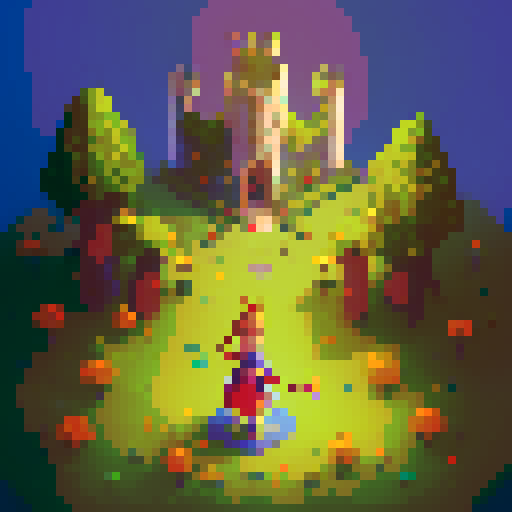 Nameless hero, armored woman, wielding a sword and shield, traversing through a vibrant forest filled with glowing mushrooms and a towering castle in the background