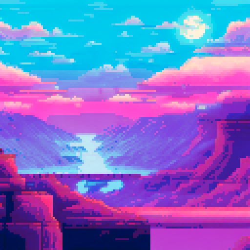 celestial skywalk, sun, moon, stars, planets, blues, light blues, purples, night time, cloud platforms, swirling lights, sRGB, pixel art, background, landscape