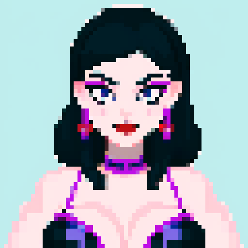 curvy, cute goth girl with black hair, purple eyeshadow, and red lipstick, wearing a bikini, in a glamour shot, with pixel art and sRGB style