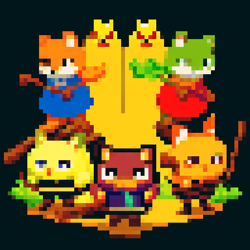 Various animals holding broomsticks forming a united front.