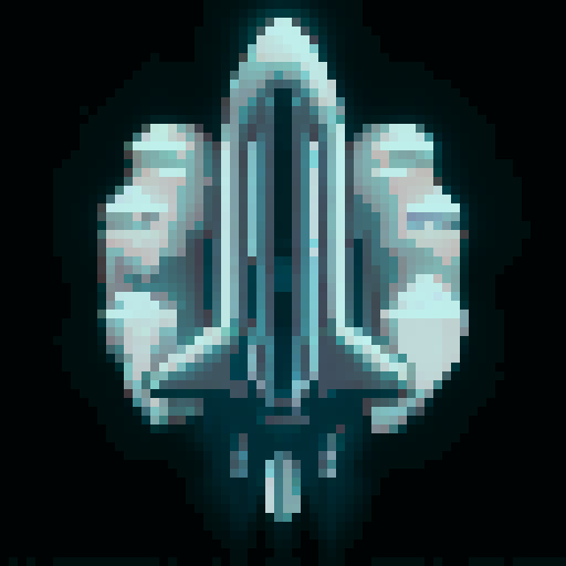 Spaceship, sleek design, metallic exterior, retro aesthetic, pixelated details,blinking lights, computer screens, wireframe outlines, geometric shapes, low-resolution textures, vibrant pixel art style, sRGB color space
View from above
