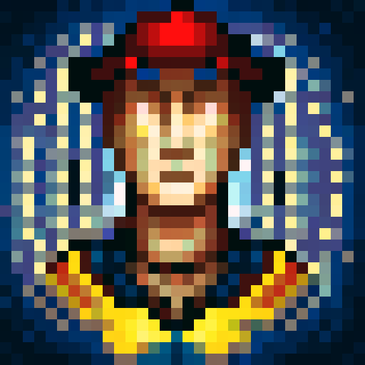 steampunk young man, red coat, red hat, 2D game stance, pixel art, sRGB, red hair