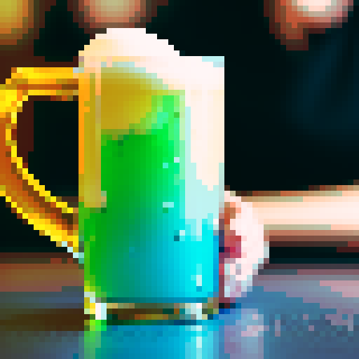 hand pouring draft beer, close up, fantasy 8 bit style, pixel art, vibrant colors, foam overflowing, carbonation fizzing